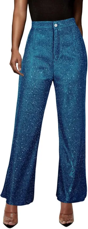 Sequin Pants Women Sparkly Glitter High Waisted Wide Leg Flare Trousers Bell Bottom Night Out Clubwear Party Pants