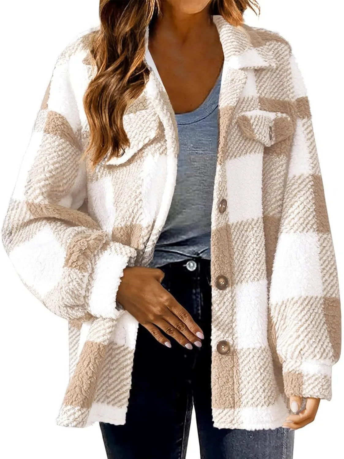Sherpa Jacket for Women Fuzzy Fleece Winter Coats Plaid Button Down Shacket Casual Warm Teddy Coat Outwear