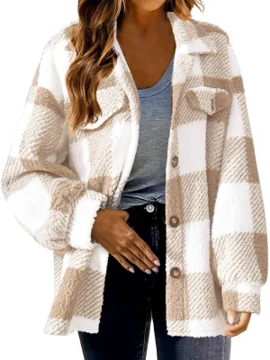 Sherpa Jacket for Women Fuzzy Fleece Winter Coats Plaid Button Down Shacket Casual Warm Teddy Coat Outwear