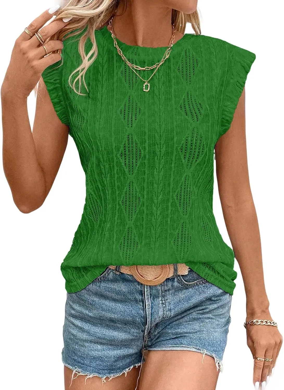 SHEWIN Women's Summer Tops Casual Crewneck Cap Sleeve Shirts Lightweight Crochet Knit Texture Tank Top Blouses