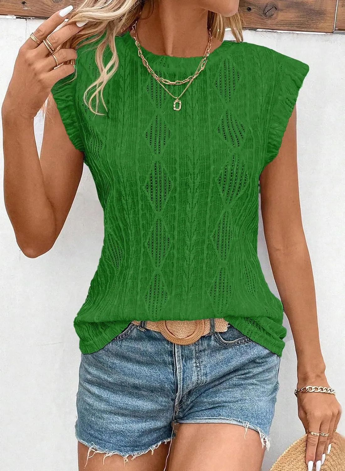 SHEWIN Women's Summer Tops Casual Crewneck Cap Sleeve Shirts Lightweight Crochet Knit Texture Tank Top Blouses