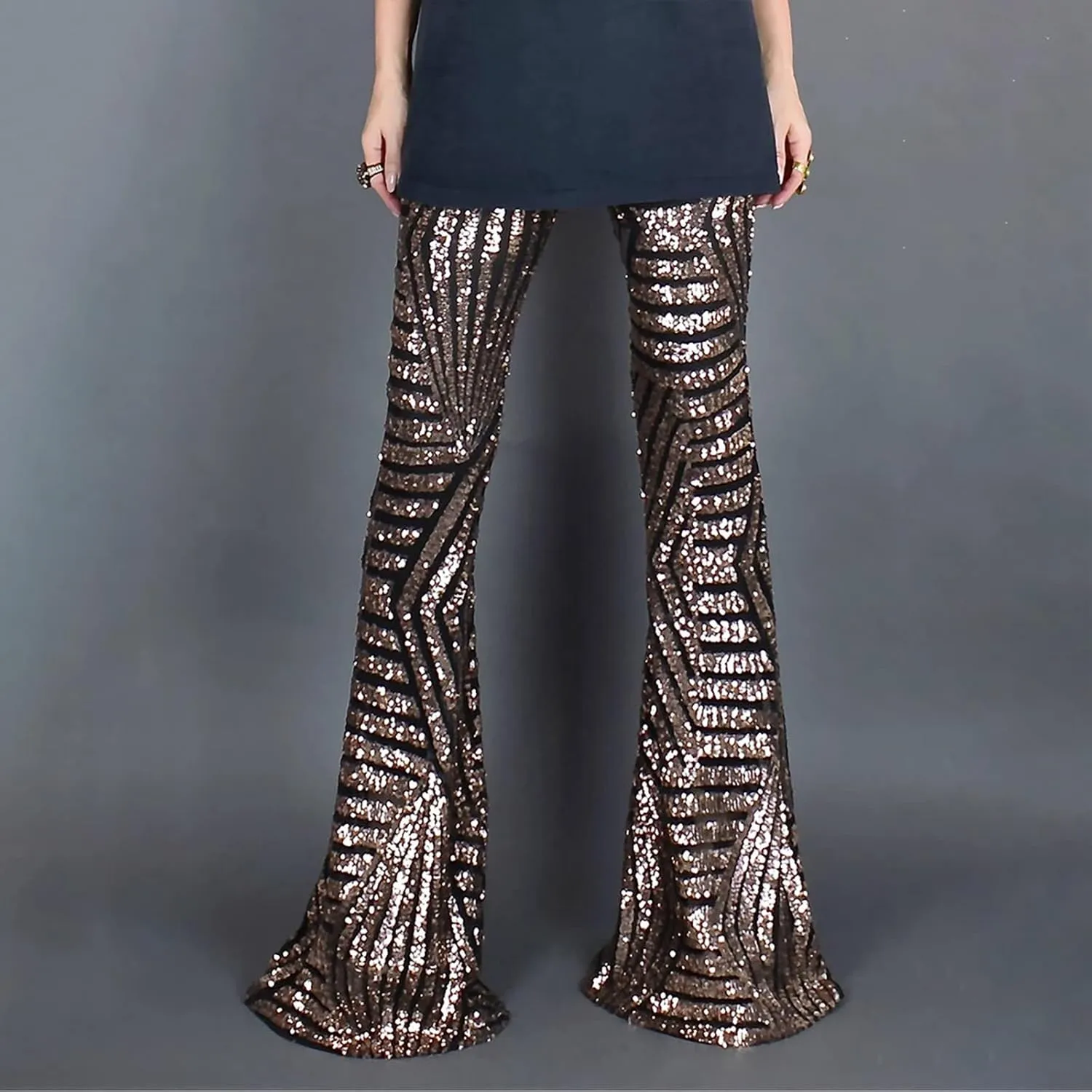 Shiny Metallic Flare Pants for Womens Sexy 70s Sequins Yoga Pants High Waist Bell Bottom Trousers Wide Leg Leggings
