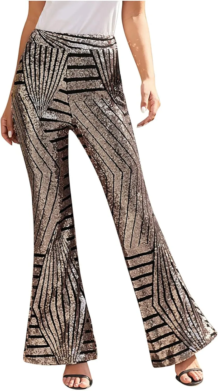 Shiny Metallic Flare Pants for Womens Sexy 70s Sequins Yoga Pants High Waist Bell Bottom Trousers Wide Leg Leggings