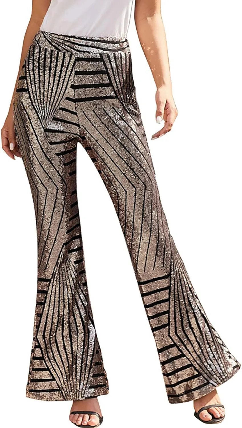 Shiny Metallic Flare Pants for Womens Sexy 70s Sequins Yoga Pants High Waist Bell Bottom Trousers Wide Leg Leggings
