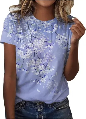 Short Sleeve Cute Tops for Women Dressy Casual Boho Floral Print Shirt Fashion Round Neck Pullover Top Summer Blouse