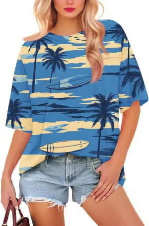 Short Sleeve Hawaiian Shirts Floral Tropic Printed Pleated Crew Neck Summer Casual T-Shirt Trendy Boho Blouses Tops