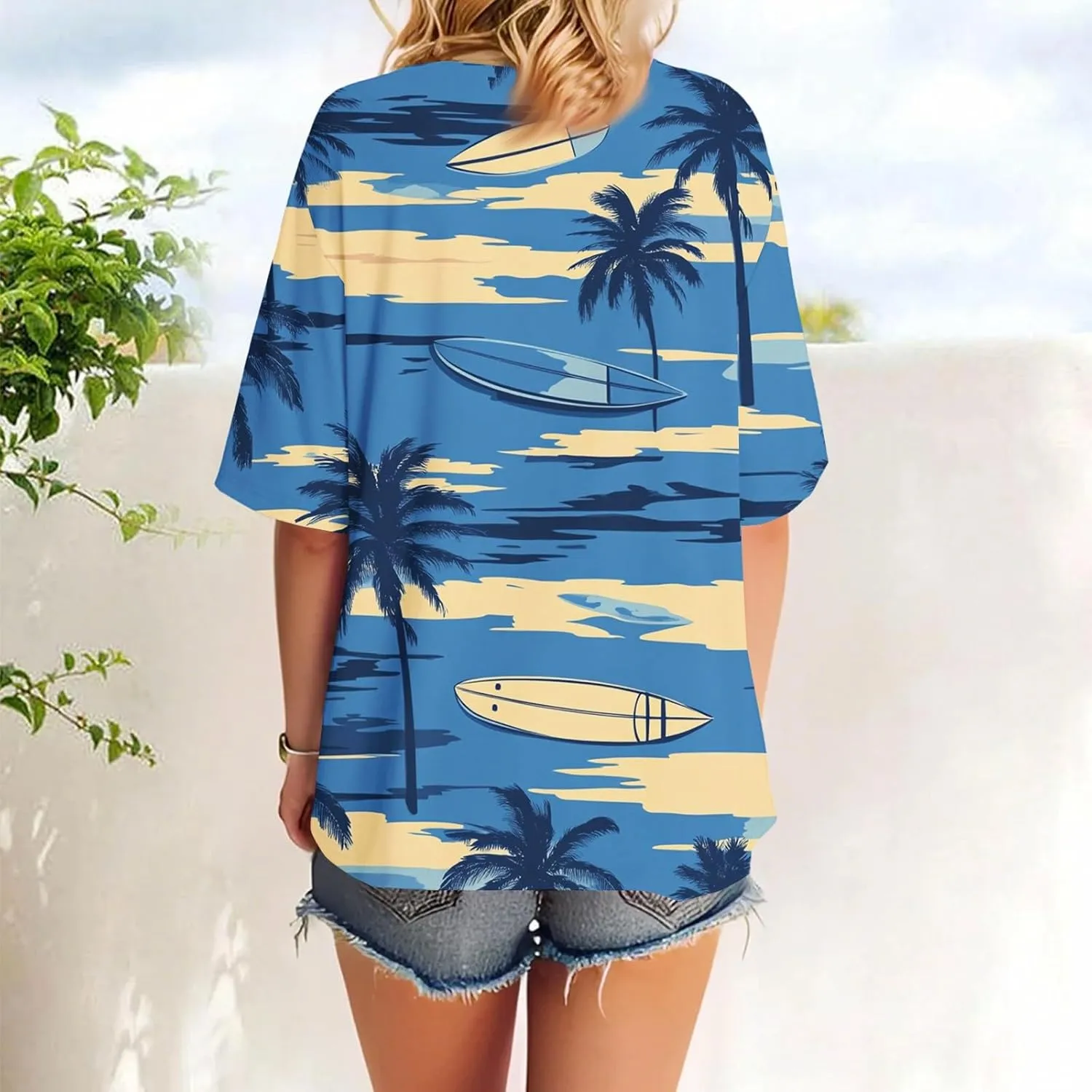 Short Sleeve Hawaiian Shirts Floral Tropic Printed Pleated Crew Neck Summer Casual T-Shirt Trendy Boho Blouses Tops