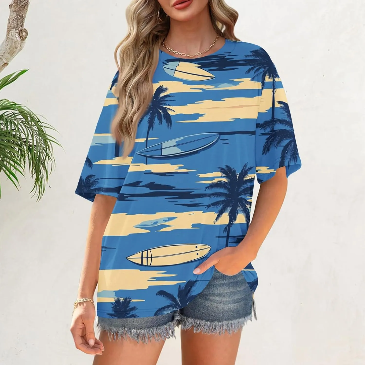 Short Sleeve Hawaiian Shirts Floral Tropic Printed Pleated Crew Neck Summer Casual T-Shirt Trendy Boho Blouses Tops