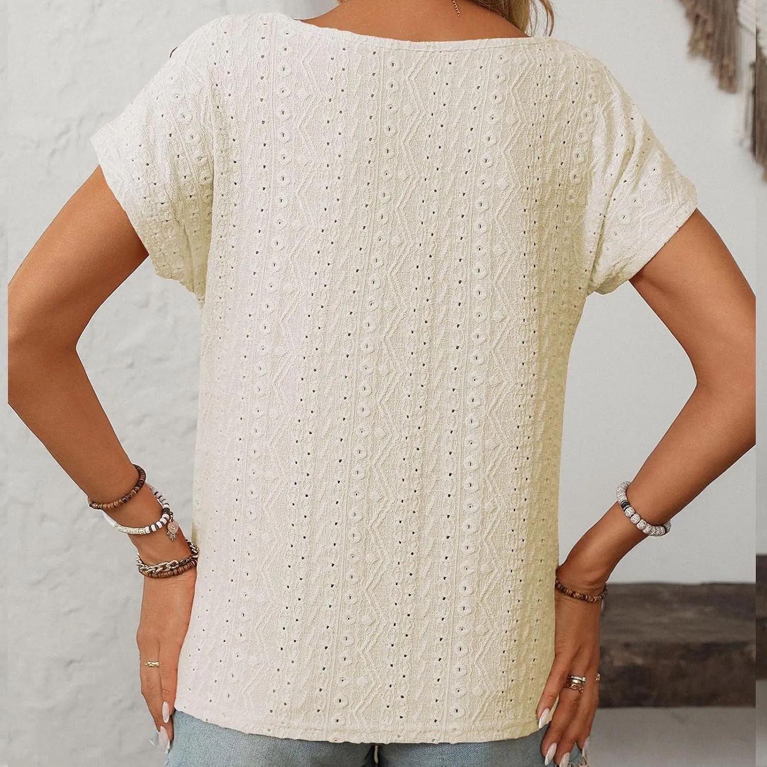 Short Sleeve Shirt Womens Round Neck Eyelet Embroidery Tee Blouse Hollow Out Going Out Basic Casual Loose Tops