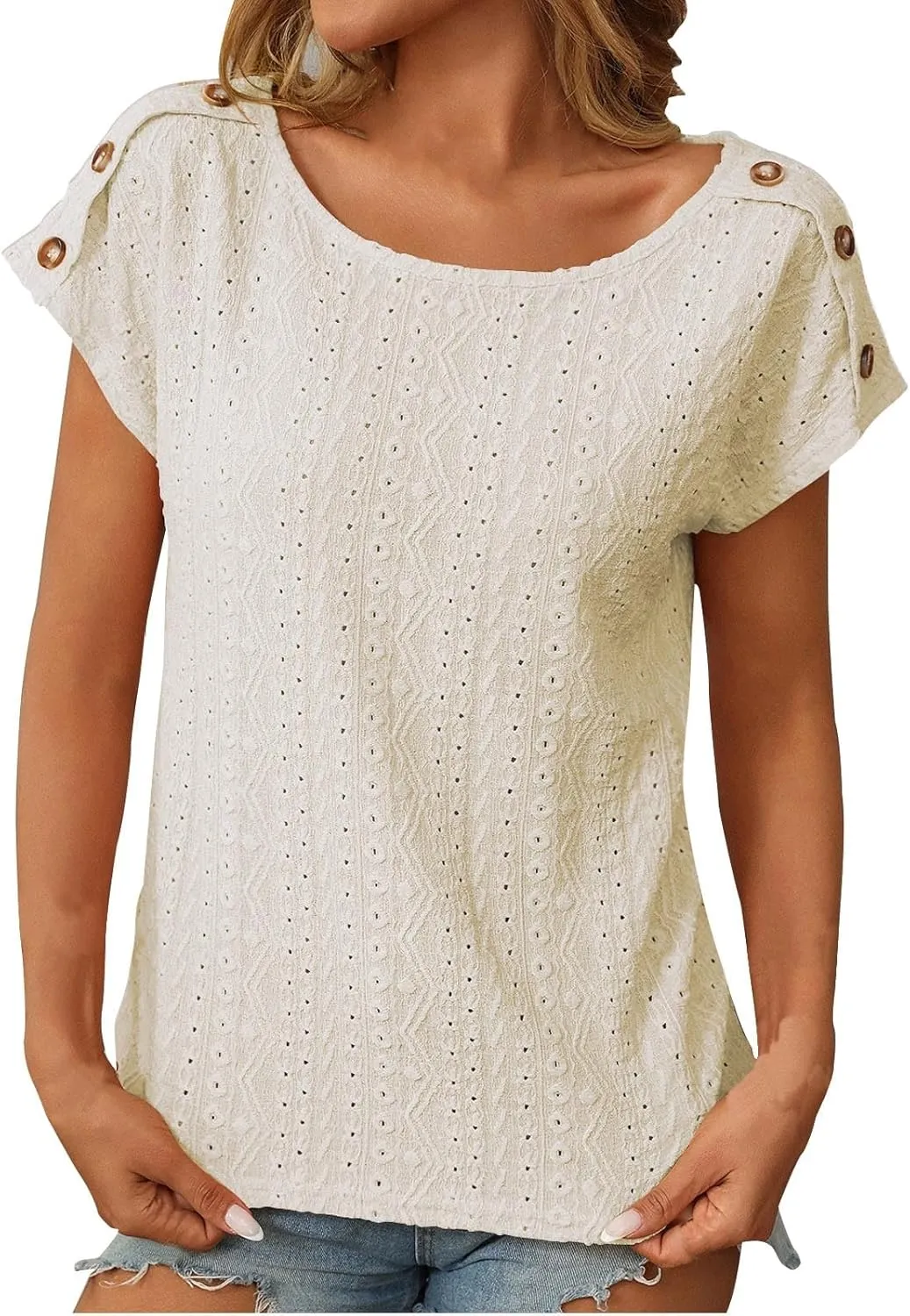 Short Sleeve Shirt Womens Round Neck Eyelet Embroidery Tee Blouse Hollow Out Going Out Basic Casual Loose Tops
