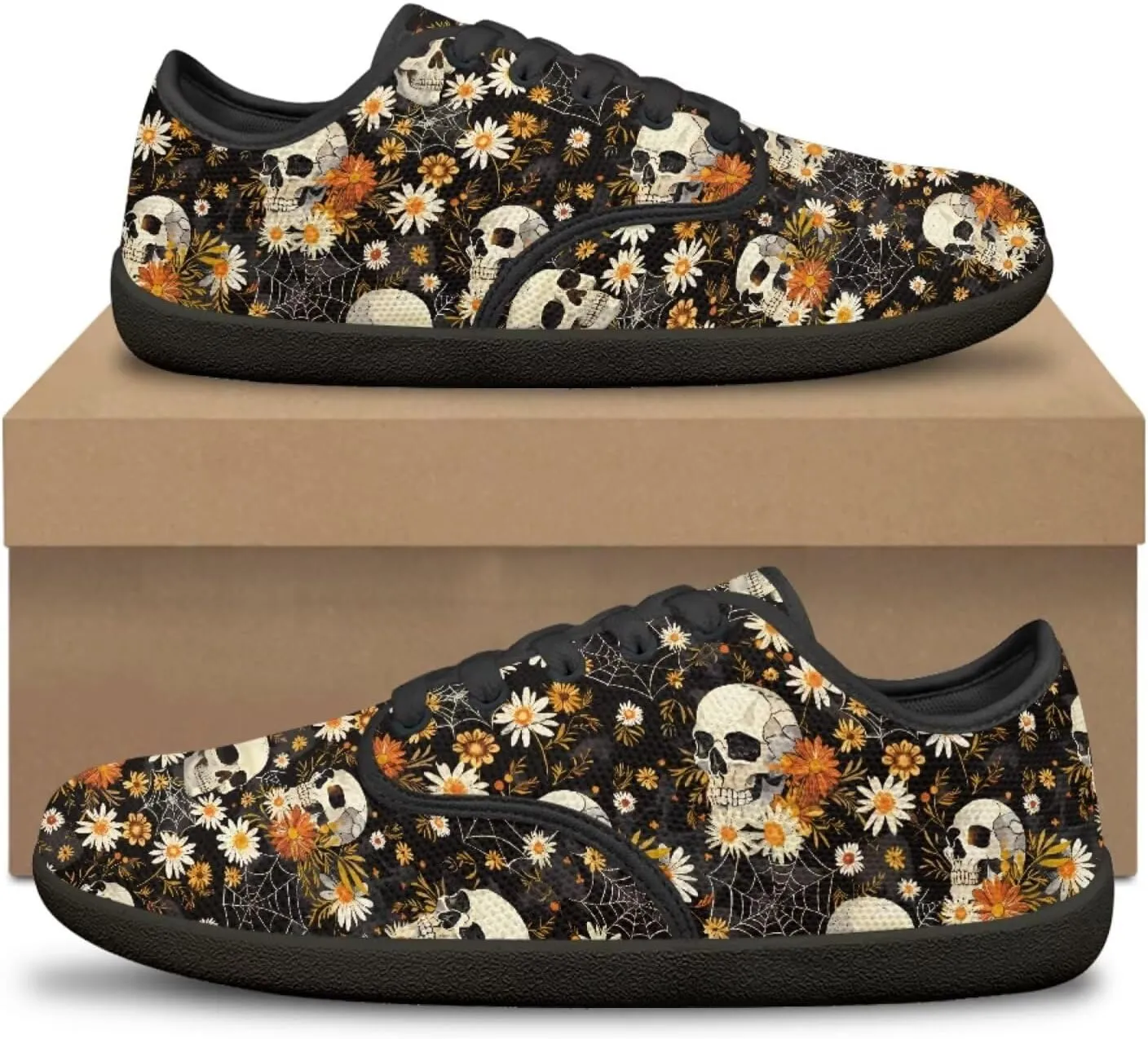 Skull Print Walking Shoes Running Sneakers Fashion Work Flats Lace-Up Driving Loafers for Women