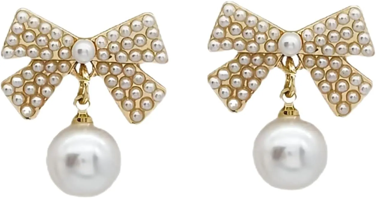 Small Pearl Geometric Square Drop Earrings for Women Boho Faux Pearl Bow Pearl Gold Dangle Stud Earrings for Women Party Gifts Jewelry