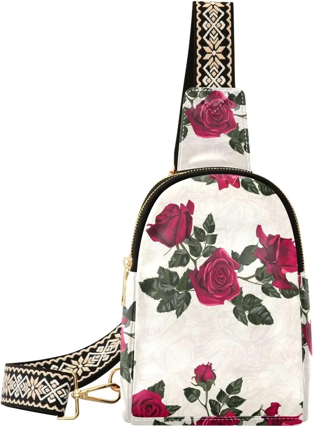 Small Sling Bag Fanny Packs Crossbody Bags for Women Red Flowers Roses Leather Fashion Chest Bag Belt Bag for Women for Travel Sports Running Hiking