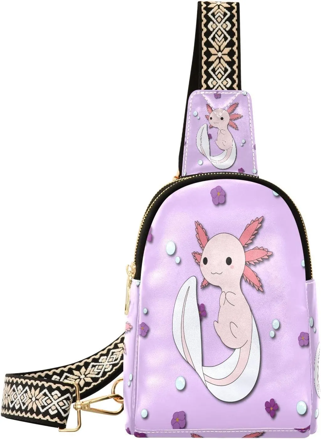Small Sling Bag for Women Cute Axolotl PC Leather Fanny Pack Crossbody Marine Animal Fashion Waist Packs Chest Bag for Travel Sports Running Hiking
