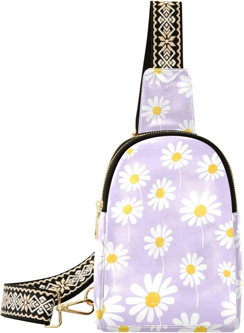Small Sling Bag for Women Daisy Flower PC Leather Fanny Pack Crossbody Purple Fashion Waist Packs Chest Bag for Travel Sports Running Hiking