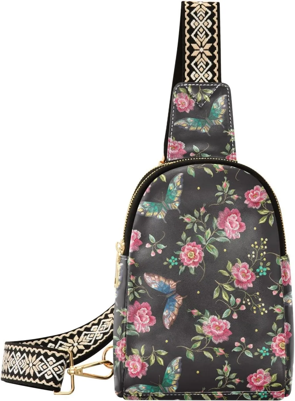 Small Sling Bag for Women Embroidery Peony Flower Butterfly PC Leather Fanny Pack Crossbody Fashion Waist Packs Chest Bag for Travel Sports Running Hiking