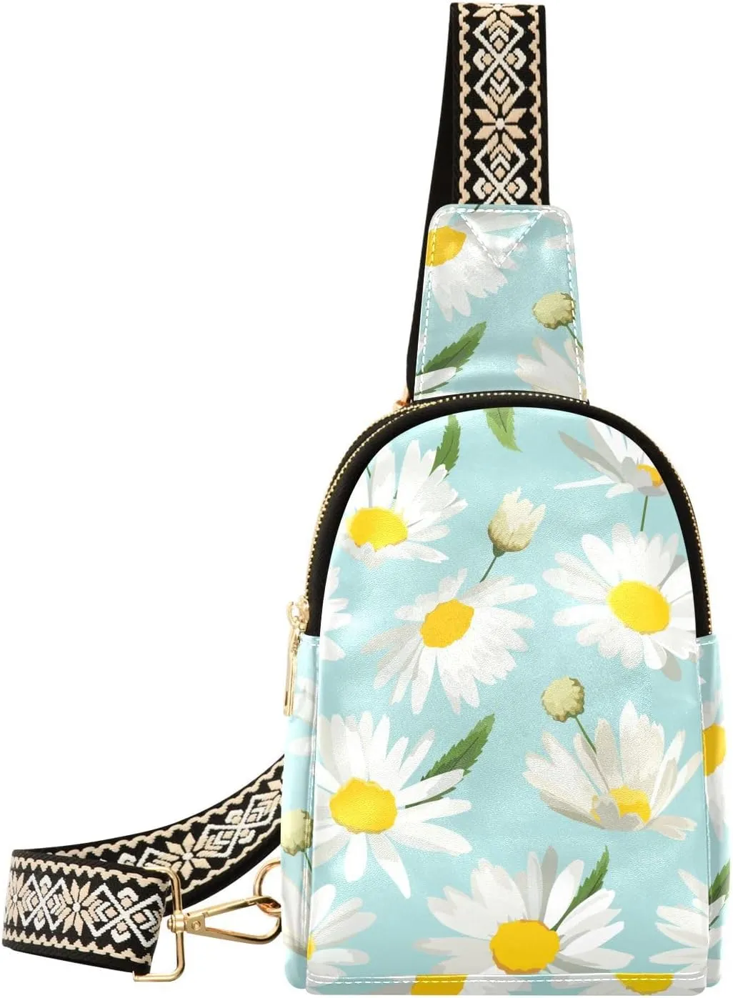 Small Sling Bag for Women Floral Chamomile Flowers PC Leather Fanny Pack Crossbody Fashion Waist Packs Chest Bag for Travel Sports Running Hiking
