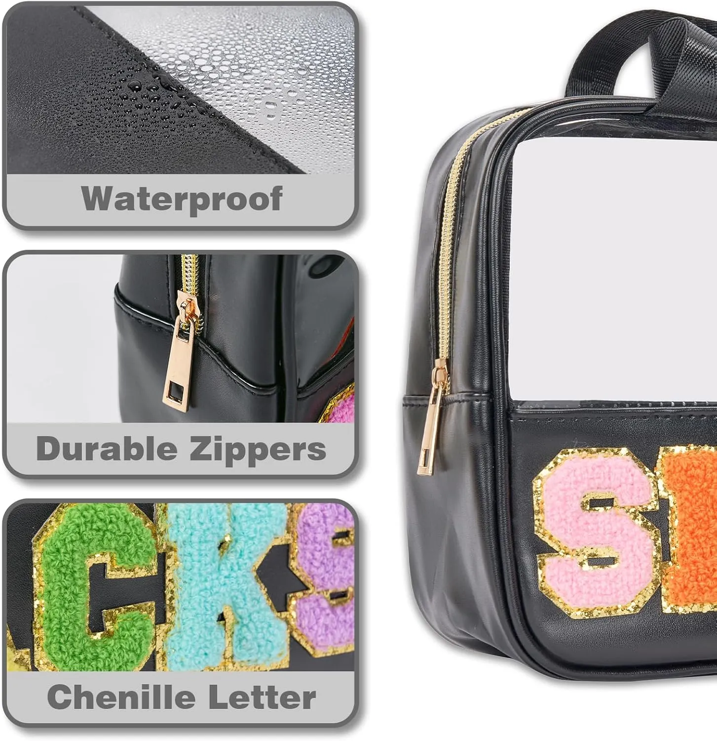 Snack Bags Chenille Letter Clear Makeup Bag Snacks Bags for Travel, Clear Snack Pouch, Preppy Cosmetic Bag, Sunscreen Bag, Travel Toiletry Pouches Cosmetic Pouch for Women and Girls