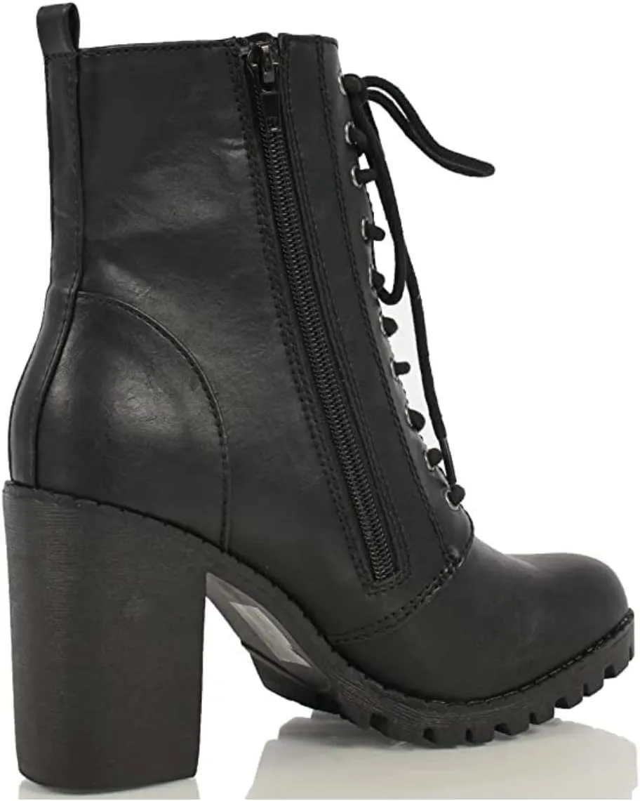 Soda Malia Round Toe Stacked Lug Heel Lace Up Ankle Booties