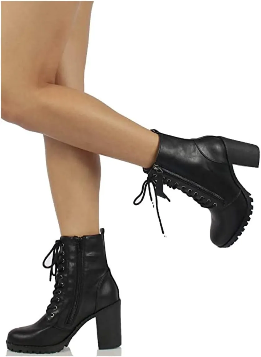 Soda Malia Round Toe Stacked Lug Heel Lace Up Ankle Booties