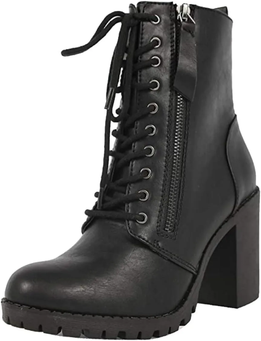 Soda Malia Round Toe Stacked Lug Heel Lace Up Ankle Booties