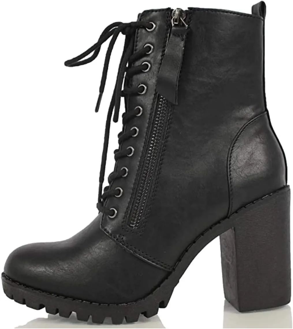 Soda Malia Round Toe Stacked Lug Heel Lace Up Ankle Booties