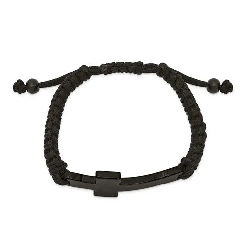 Stainless Steel Polished Black IP Black Nylon Adjustable Cross Bracelet - Engravable