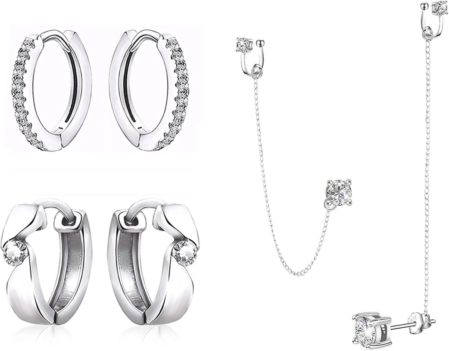 Sterling Silver Chain Earrings with Ear Cuffs,Hypoallergenic Cubic Zirconia Hoop Earrings Set for Women