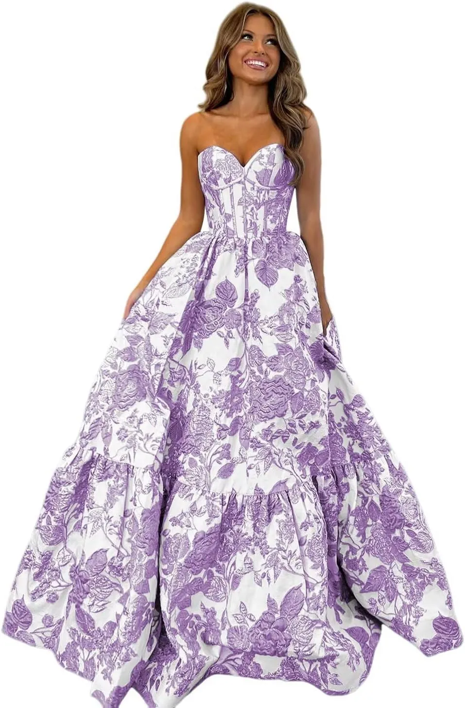 Strapless Corset Prom Dresses 2025 Jacquard Satin Ball Gowns with Pockets Long Formal Evening Dresses XOD0429
