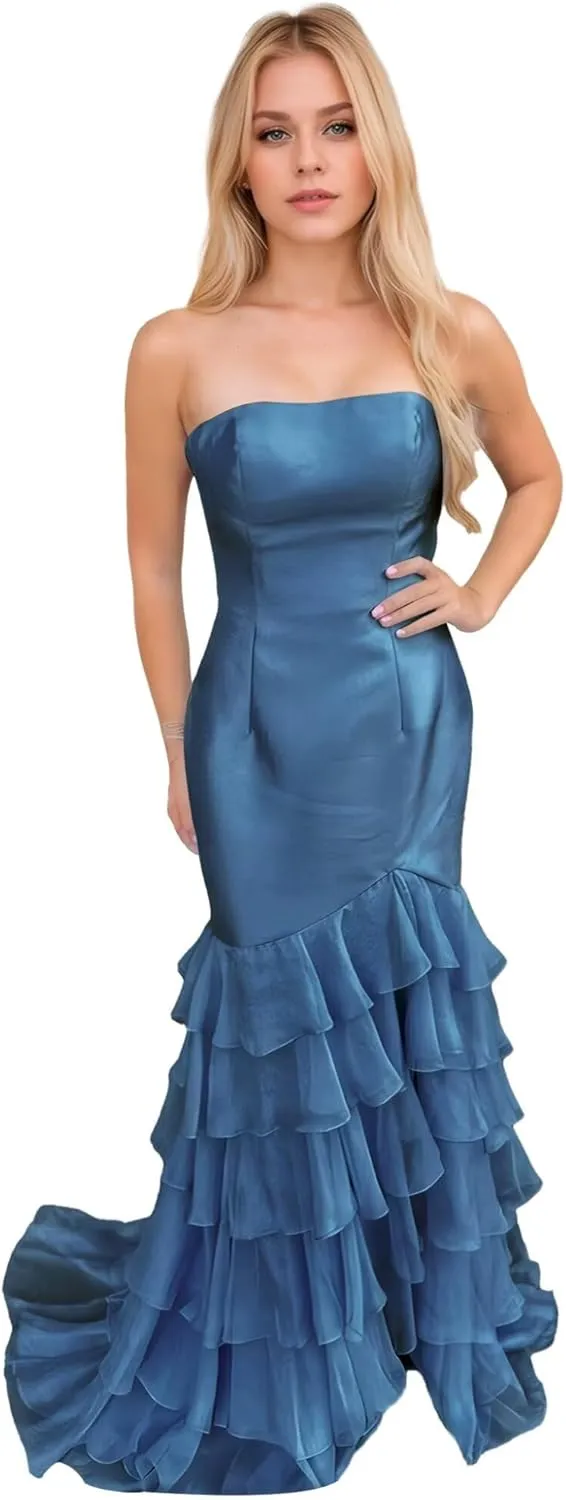 Strapless Satin Prom Dresses for Women Mermaid Bridesmaid Dress Tiered Ruffle Chiffon Evening Party Gown Long Slit