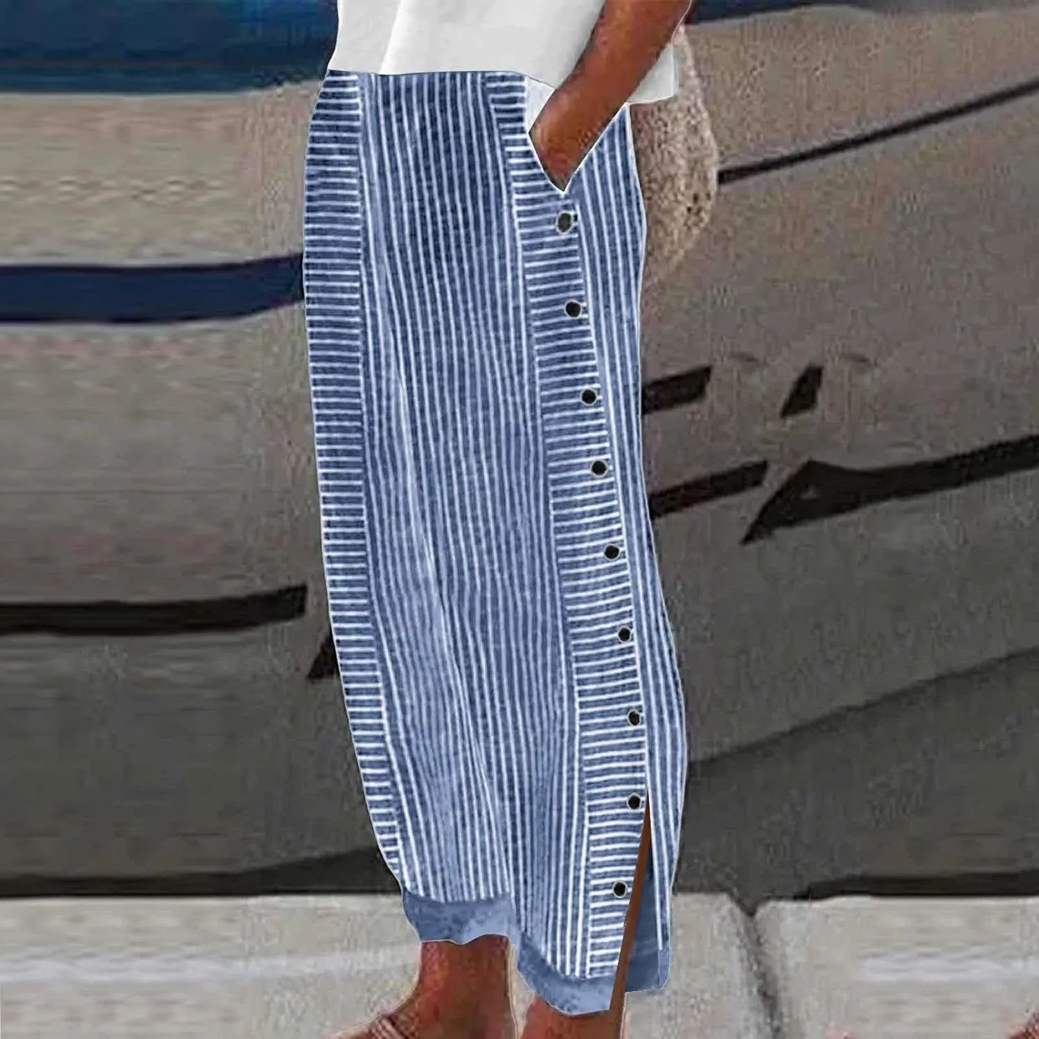 Striped Print Casual Pants for Women Side Button 2025 Stretch Baggy Pants Pockets Elastic Waist Vacation Beach Pant