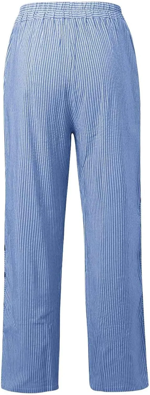 Striped Print Casual Pants for Women Side Button 2025 Stretch Baggy Pants Pockets Elastic Waist Vacation Beach Pant