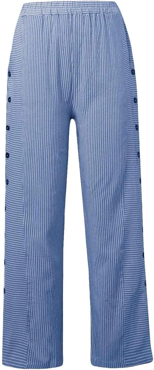 Striped Print Casual Pants for Women Side Button 2025 Stretch Baggy Pants Pockets Elastic Waist Vacation Beach Pant