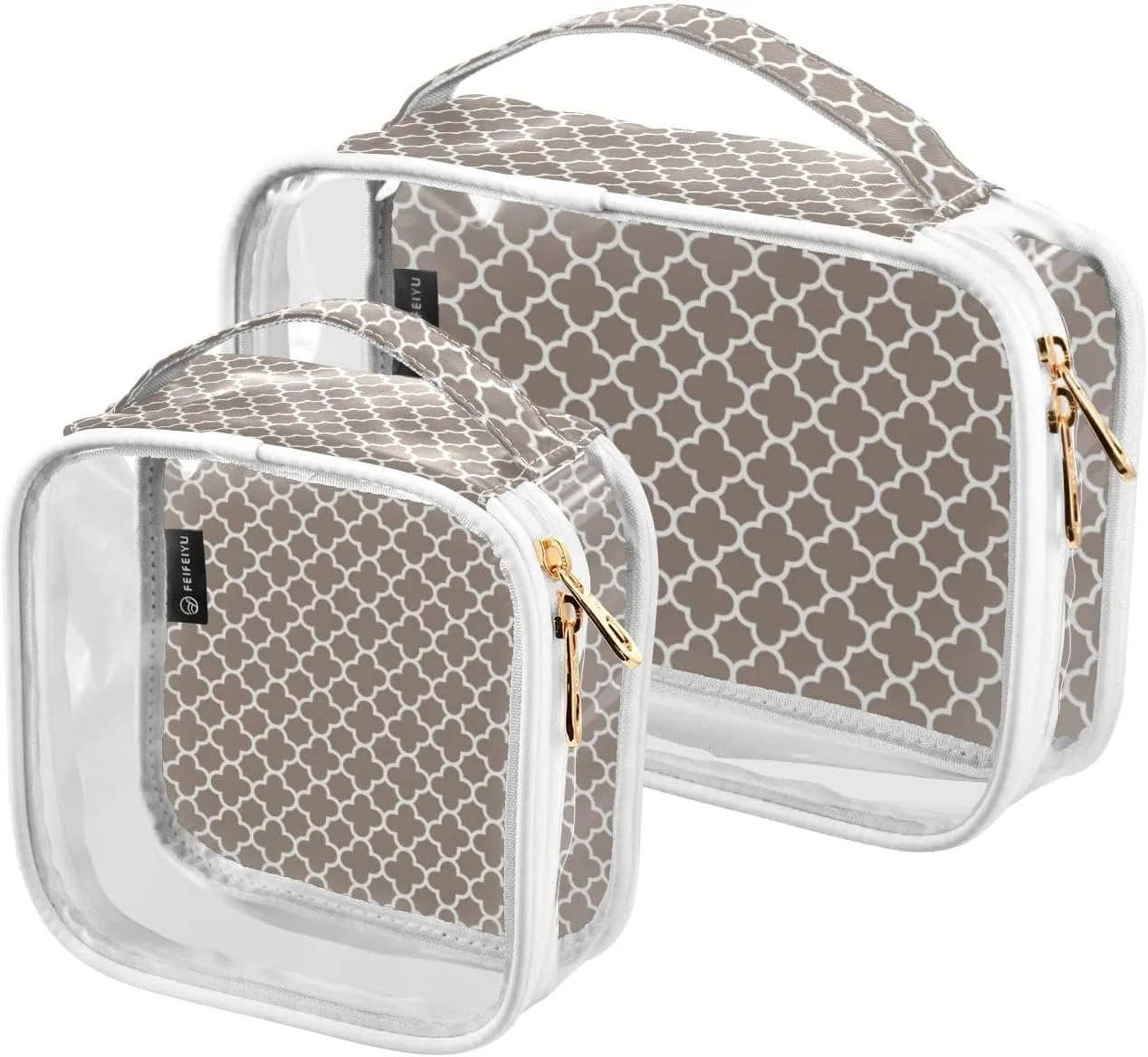 SUABO Brown Trellis Clear Makeup Bag, 2 Pack Travel Toiletry Bag Carry on Travel Accessories Bag, Makeup Cosmetic Bag for Women