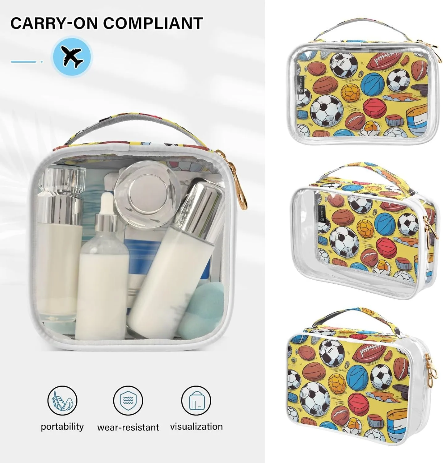 SUABO Football Toiletry Bag, 2 Pack Clear Makeup Bags with Handle Large Opening, Clear Toiletry Bags Fit Carry-on Travel Essential