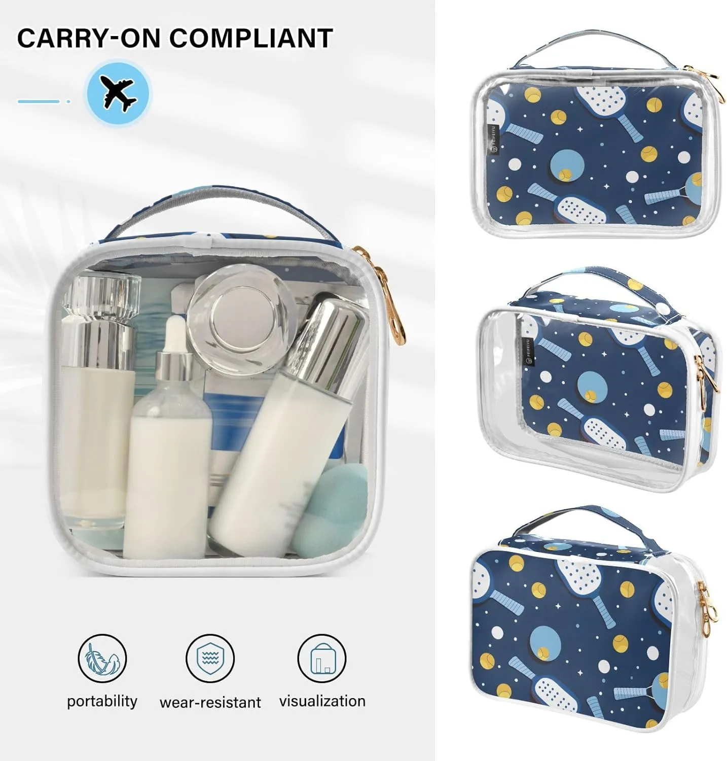 SUABO Pickleball Toiletry Bag, 2 Pack Clear Makeup Bags with Handle Large Opening, Clear Toiletry Bags Fit Carry-on Travel Essential