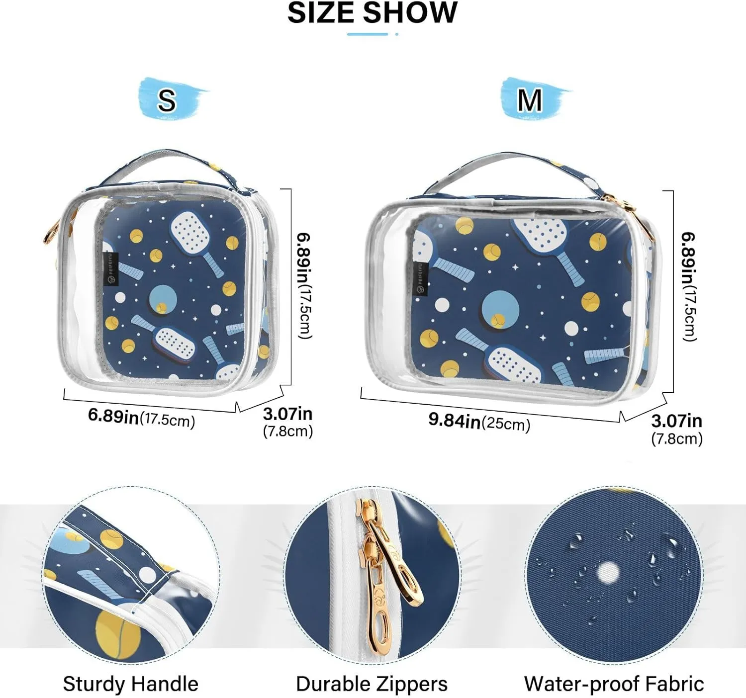 SUABO Pickleball Toiletry Bag, 2 Pack Clear Makeup Bags with Handle Large Opening, Clear Toiletry Bags Fit Carry-on Travel Essential