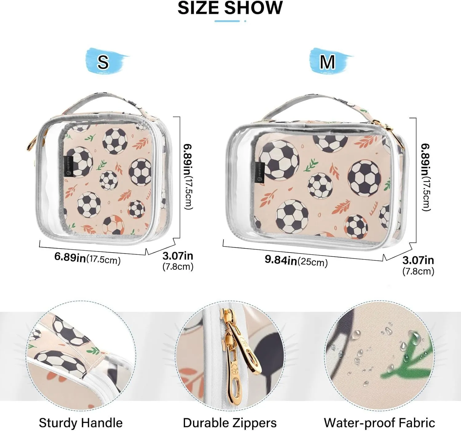SUABO Soccer Ball Toiletry Bag, 2 Pack Clear Makeup Bags with Handle Large Opening, Clear Toiletry Bags Fit Carry-on Travel Essential