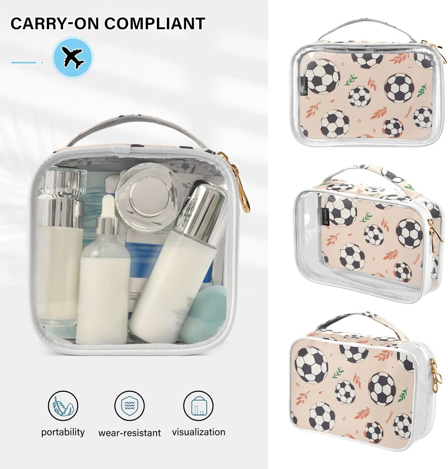 SUABO Soccer Ball Toiletry Bag, 2 Pack Clear Makeup Bags with Handle Large Opening, Clear Toiletry Bags Fit Carry-on Travel Essential