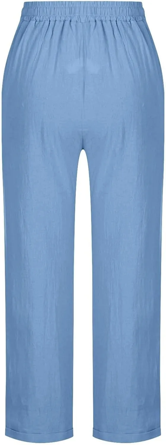 Summer Beach Pants for Women Linen Elastic High Waist Straight Leg Light Causal Cool Lounge Trousers Women Pajamas
