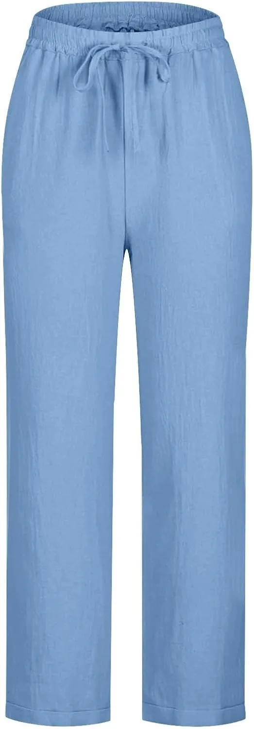 Summer Beach Pants for Women Linen Elastic High Waist Straight Leg Light Causal Cool Lounge Trousers Women Pajamas