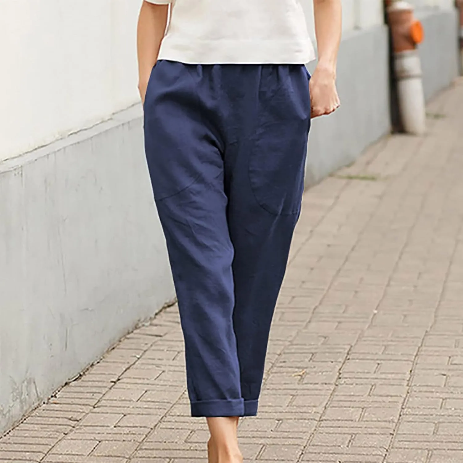 Summer Cotton Linen Pants Women Trendy Ankle Trousers High Waist Cozy Beach Pants Loose Fit Linen Straight Leg Pants
