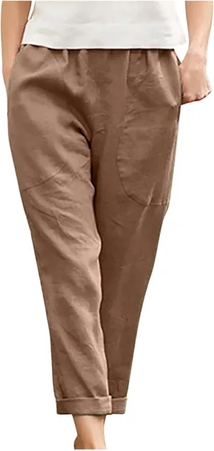 Summer Cotton Linen Pants Women Trendy Ankle Trousers High Waist Cozy Beach Pants Loose Fit Linen Straight Leg Pants