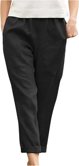 Summer Cotton Linen Pants Women Trendy Ankle Trousers High Waist Cozy Beach Pants Loose Fit Linen Straight Leg Pants