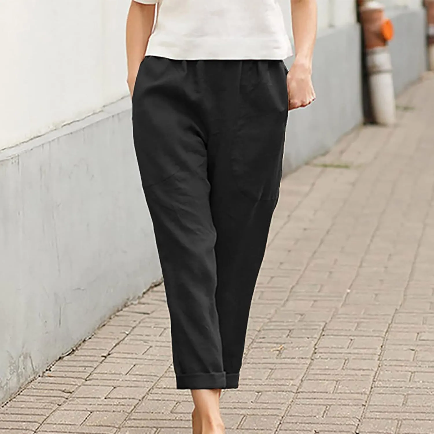Summer Cotton Linen Pants Women Trendy Ankle Trousers High Waist Cozy Beach Pants Loose Fit Linen Straight Leg Pants