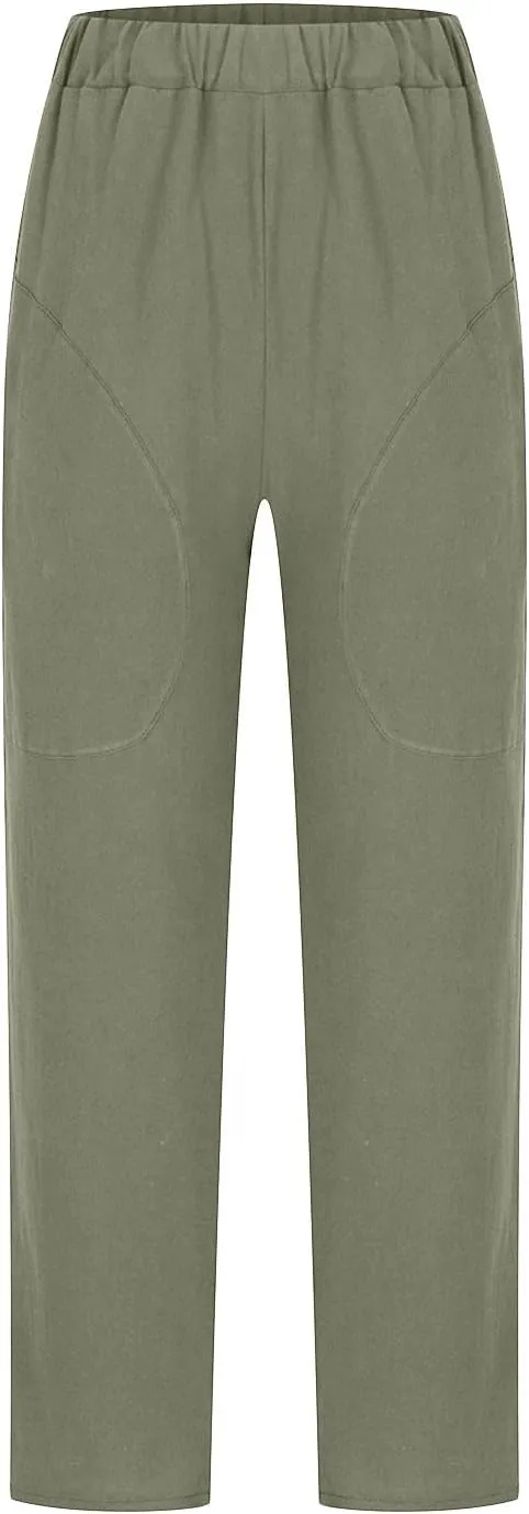 Summer Cotton Linen Pants Women Trendy Ankle Trousers High Waist Cozy Beach Pants Loose Fit Linen Straight Leg Pants