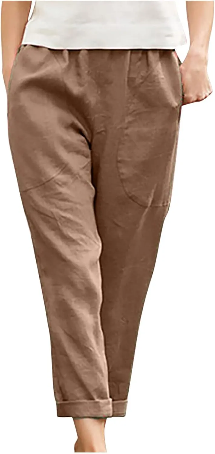 Summer Cotton Linen Pants Women Trendy Ankle Trousers High Waist Cozy Beach Pants Loose Fit Linen Straight Leg Pants