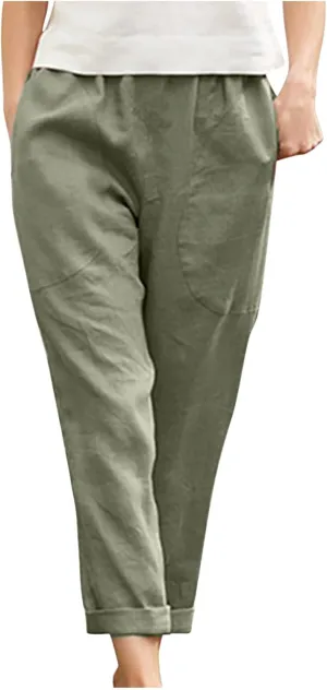 Summer Cotton Linen Pants Women Trendy Ankle Trousers High Waist Cozy Beach Pants Loose Fit Linen Straight Leg Pants