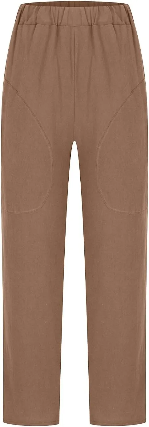 Summer Cotton Linen Pants Women Trendy Ankle Trousers High Waist Cozy Beach Pants Loose Fit Linen Straight Leg Pants