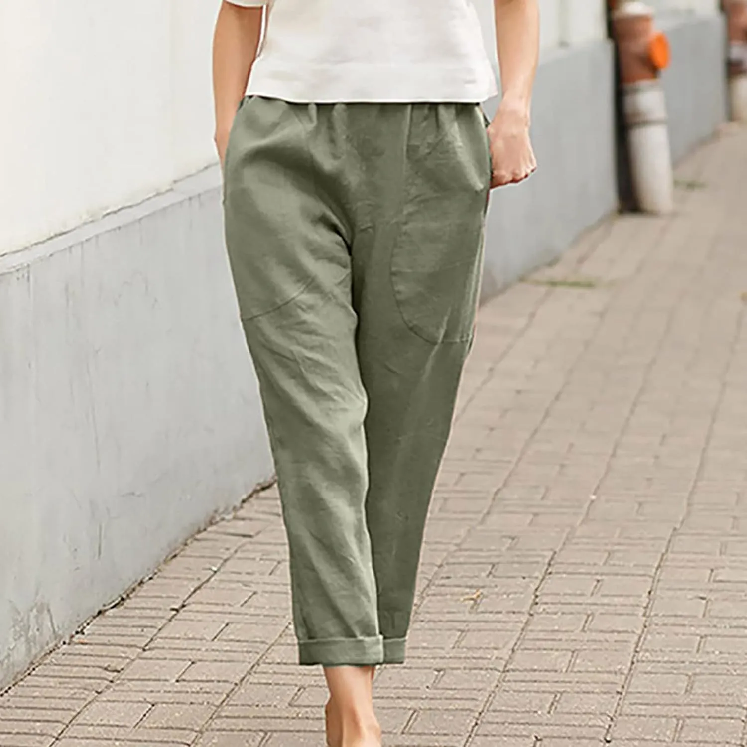 Summer Cotton Linen Pants Women Trendy Ankle Trousers High Waist Cozy Beach Pants Loose Fit Linen Straight Leg Pants